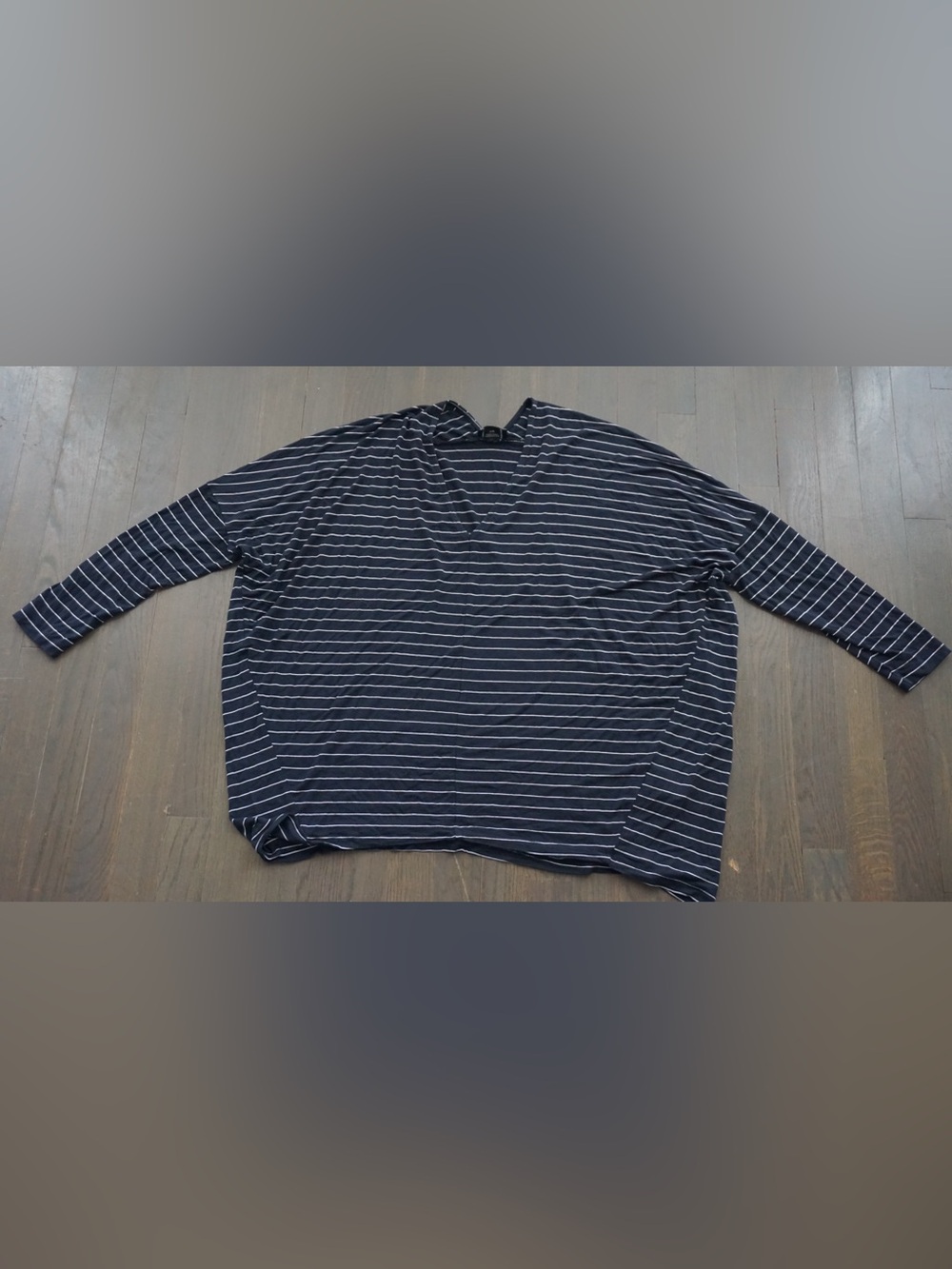 Club Monaco Navy and White Striped V-Neck Long Sleeve Shirt